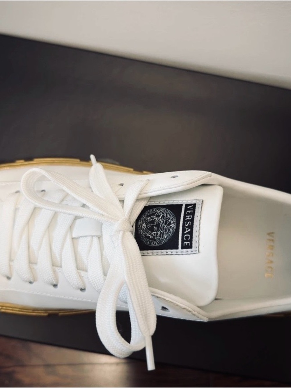 Versace White Leather Low-Top Sneakers with Gold Sole - Picture 5 of 6